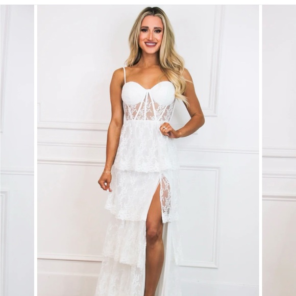 Bella and Bloom Boutique, BEYOND ROMANCE RUFFLE LACE BUSTIER MAXI DRESS: WHITE - Picture 2 of 3